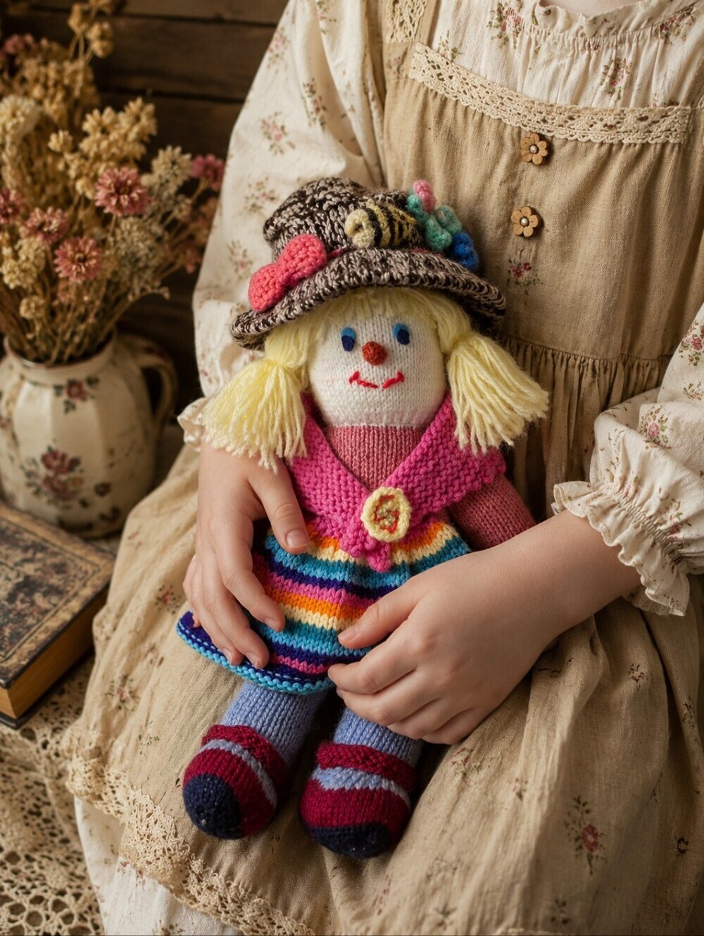 Jean Greenhowe Hand Knitted Doll Vintage Style Folk Art Cottagecore Collectible